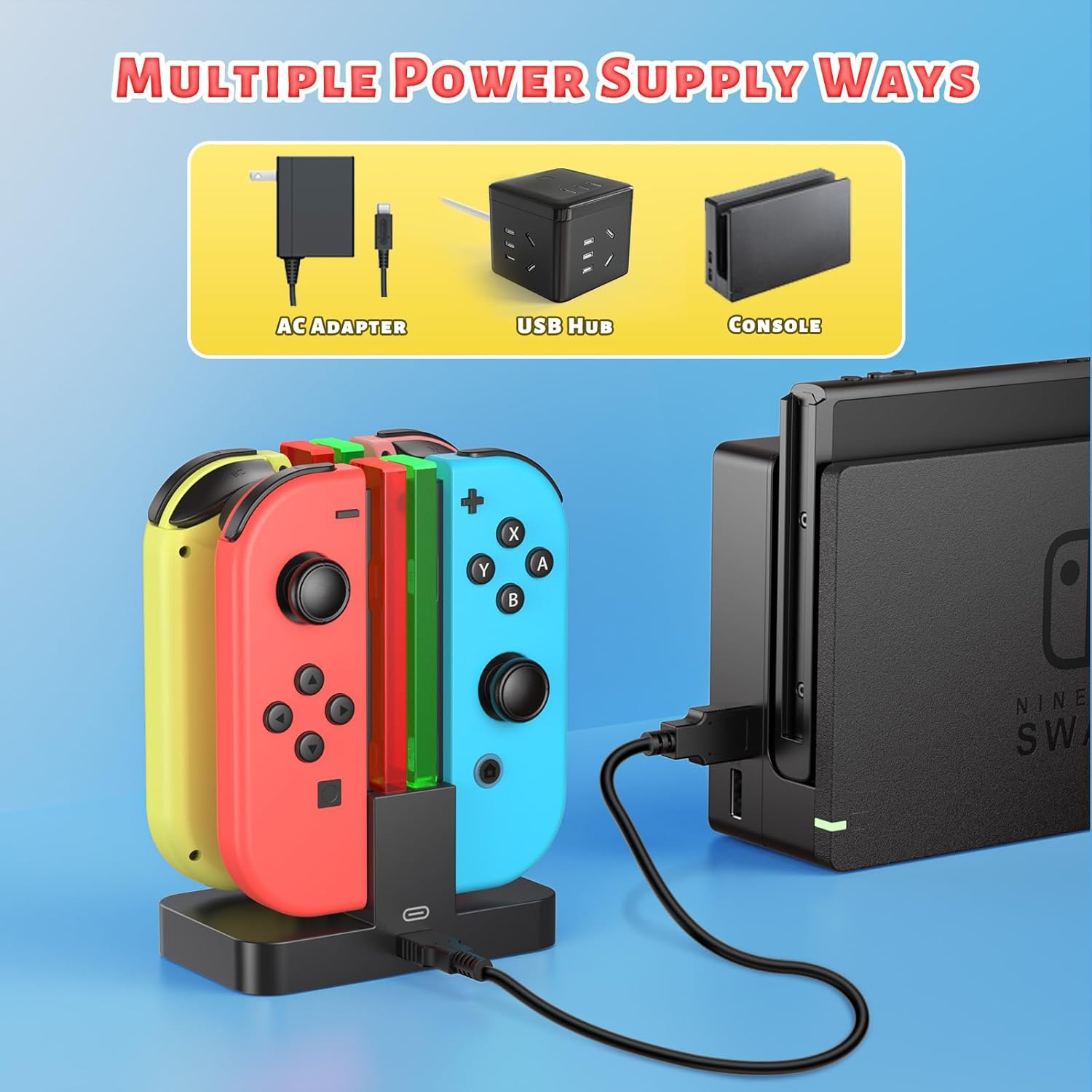 Vier Nintendo Switch-Controller werden an einer Ladestation angeschlossen, daneben eine Konsole.