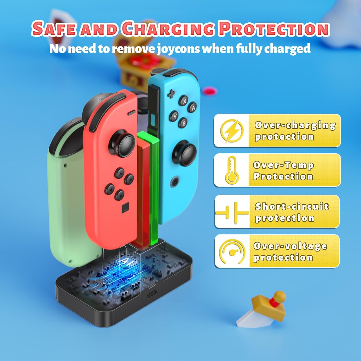 Joy-Con-Ladestation mit Schutzfunktionen: Überladung, Übertemperatur, Kurzschluss, Überspannung.