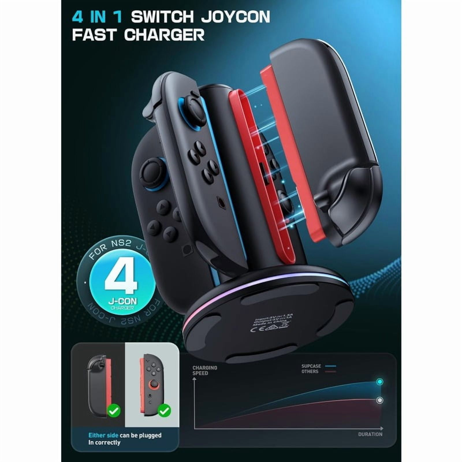4-in-1 Switch Joycon Schnellladegerät mit blauen und schwarzen Controllern. Enthält Grafik.