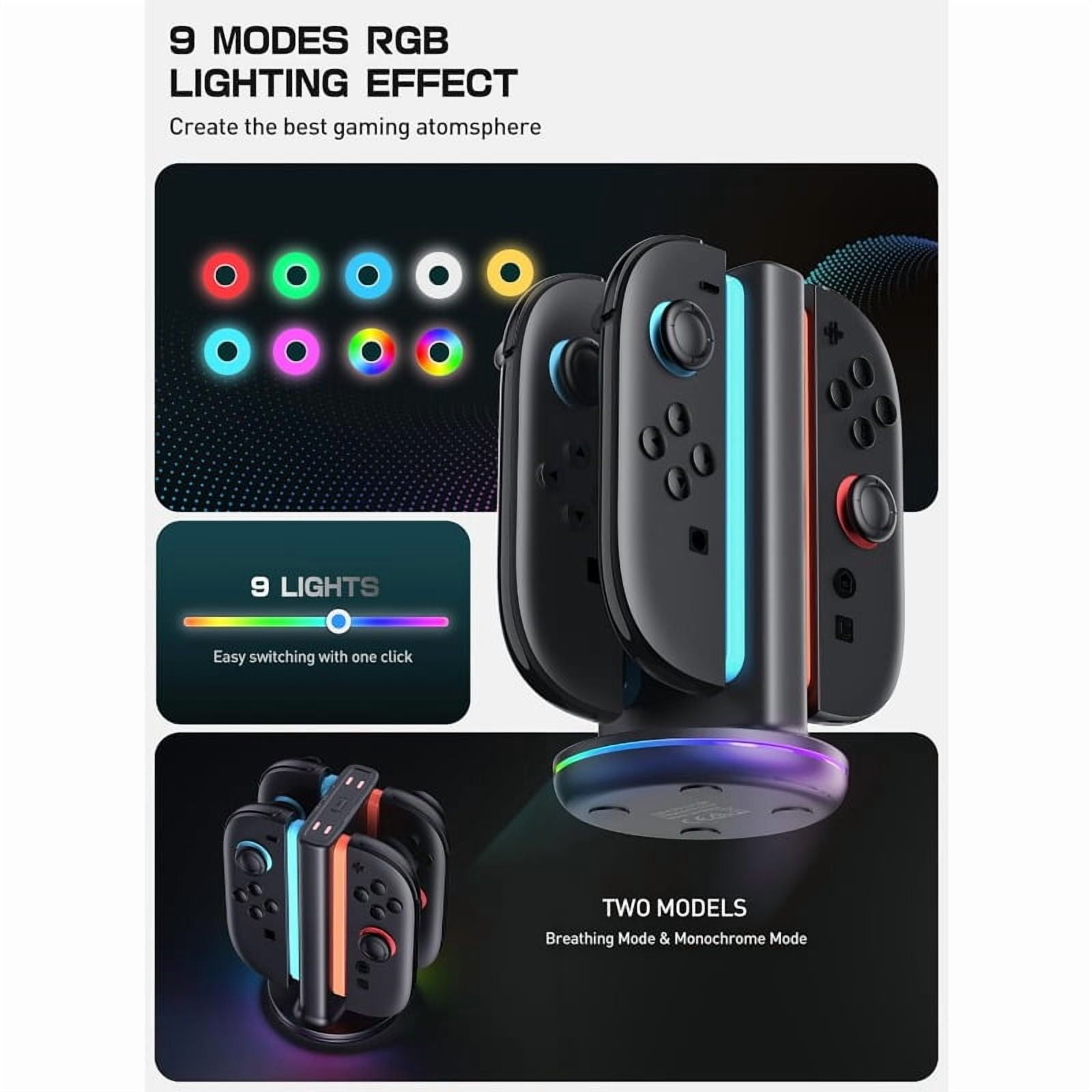 Ein Ladeständer für zwei Controller mit RGB-Beleuchtung und verschiedenen Lichtmodi.