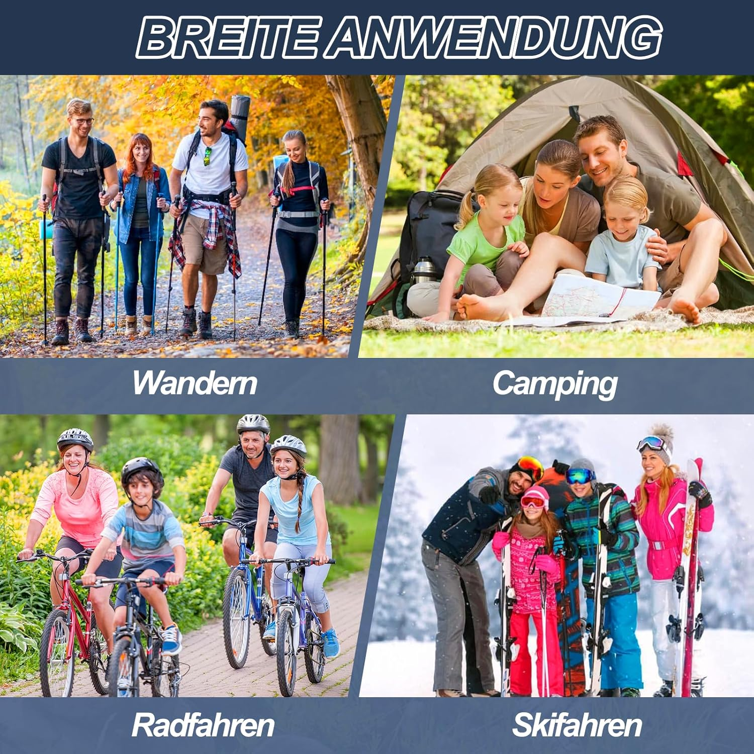 Vier Szenen: Wandern, Camping, Radfahren, Skifahren mit Familien und Freunden.