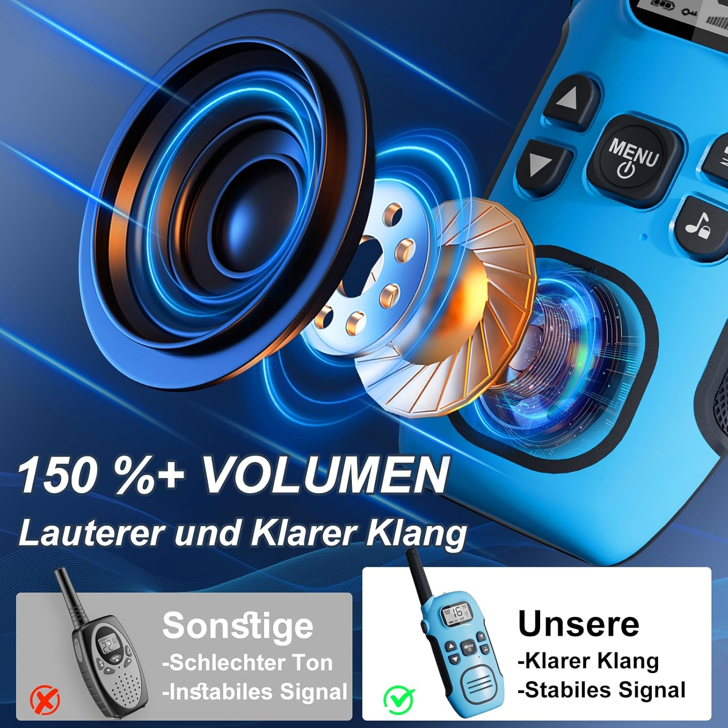 Nahaufnahme eines blauen Walkie-Talkies mit Lautsprecher-Grafik. 150% Lautstärke.