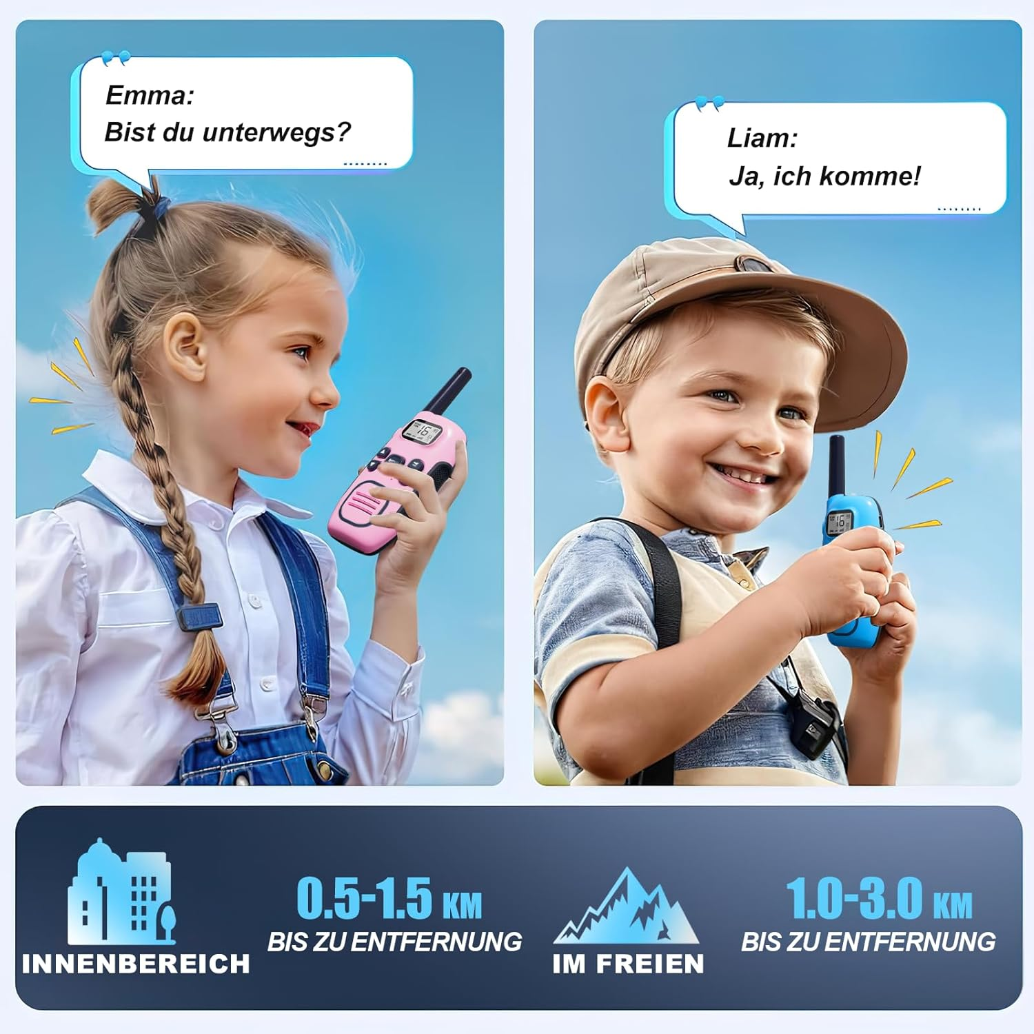 Zwei Kinder mit Walkie-Talkies, die im Freien spielen. Indoor 0,5-1,5 km, Outdoor 1-3 km.