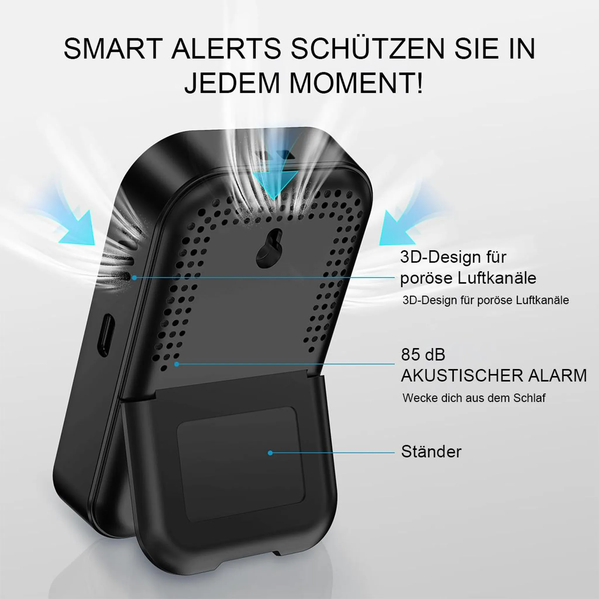 Schwarzes Gerät mit 3D-Design für Luftkanäle und 85 dB Alarm.