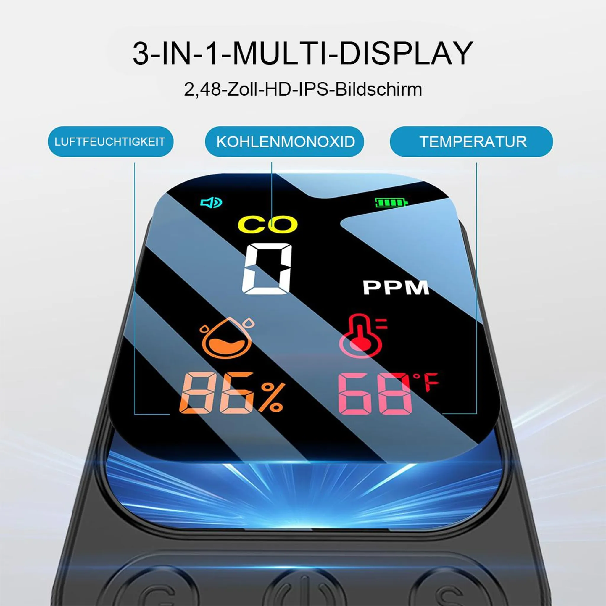 Ein 3-in-1-Display zeigt CO, 86% Feuchtigkeit und 68°F Temperatur an.