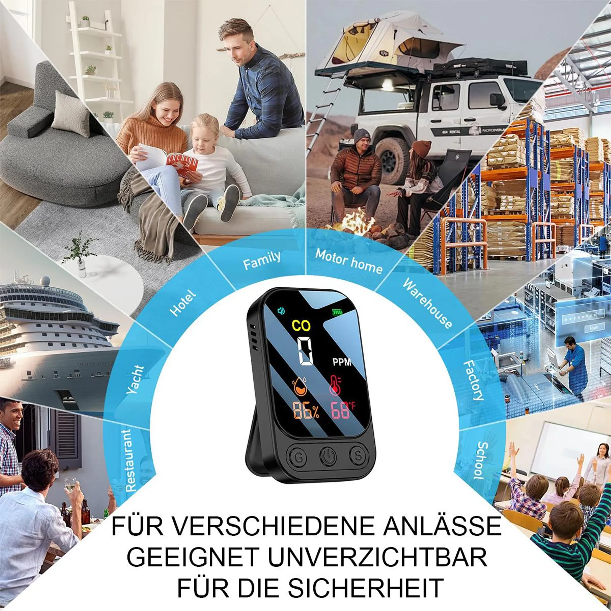 CO-Melder mit verschiedenen Einsatzszenarien: Familie, Yacht, Hotel, Lager, Fabrik, Schule.