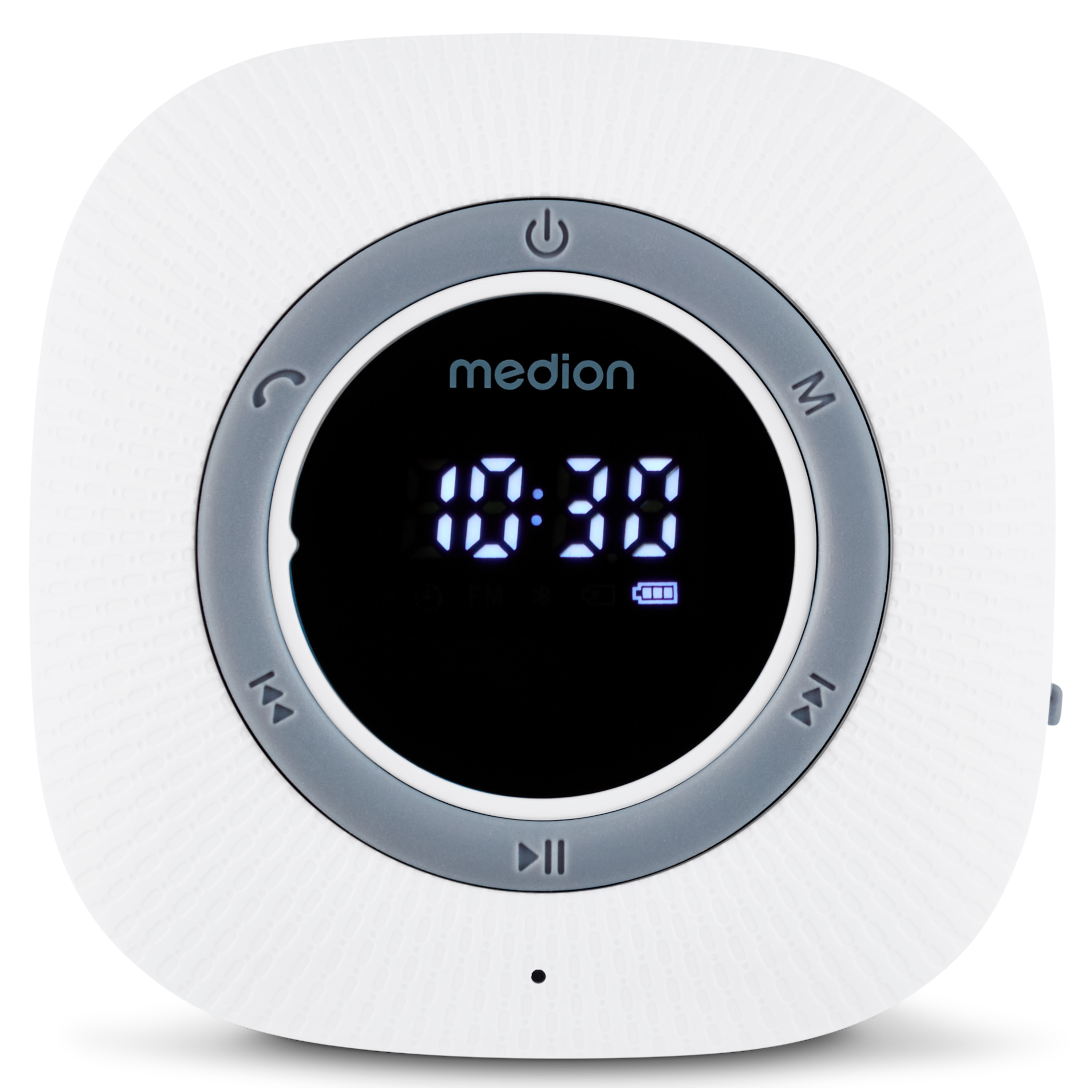 White Medion CD radio with black display showing 10:30 and battery icon.