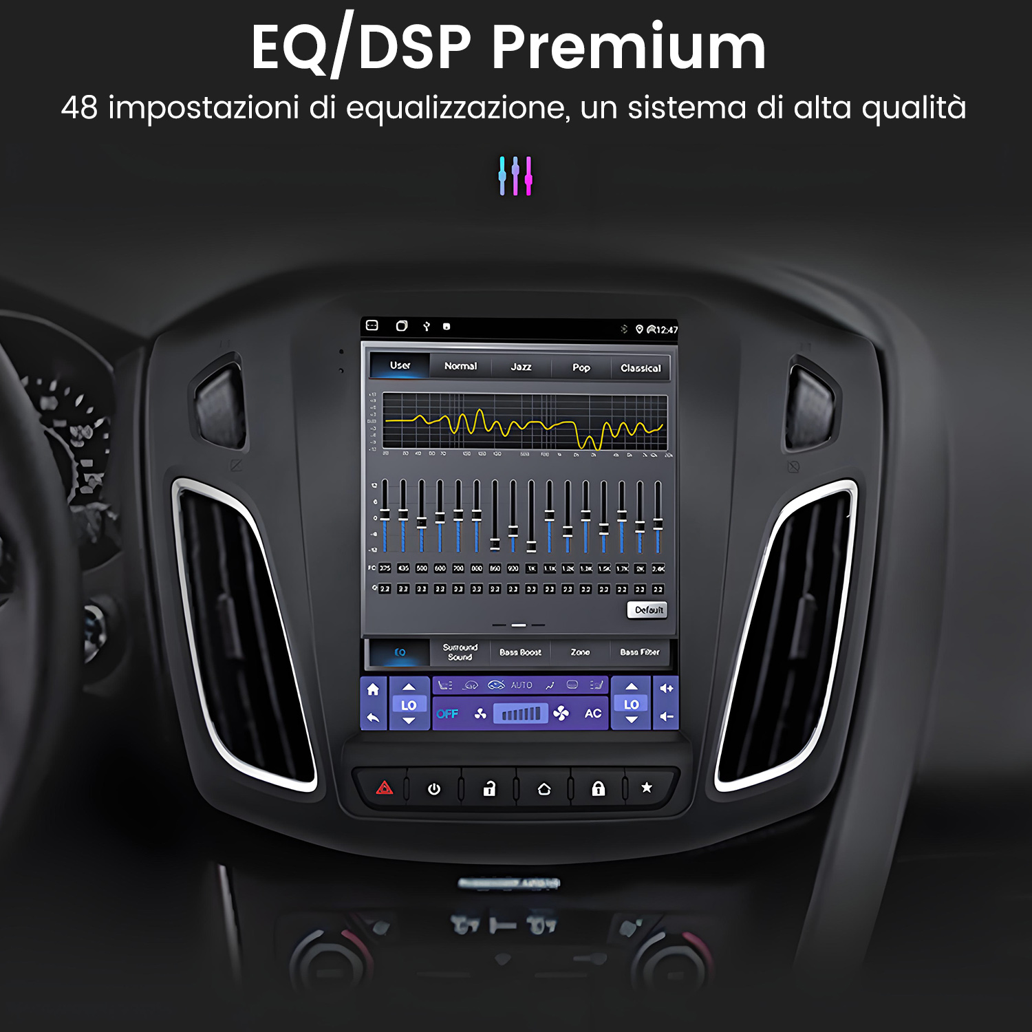 Uno schermo di infotainment per auto mostra un'interfaccia EQ con cursori.