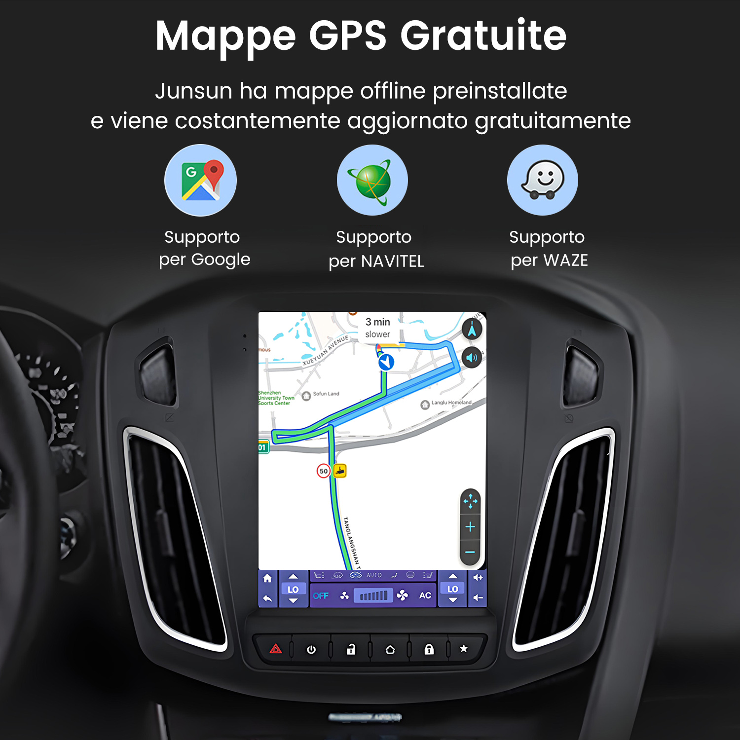 Cruscotto auto con sistema GPS che supporta Google, Navitel e Waze.