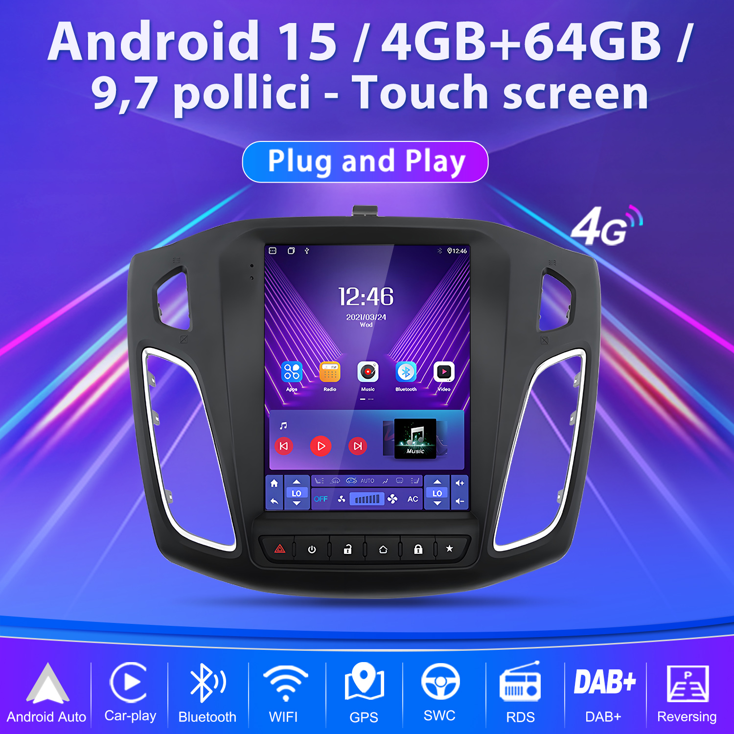 Autoradio con grande touchscreen che mostra Android 15, con icone app e navigazione.