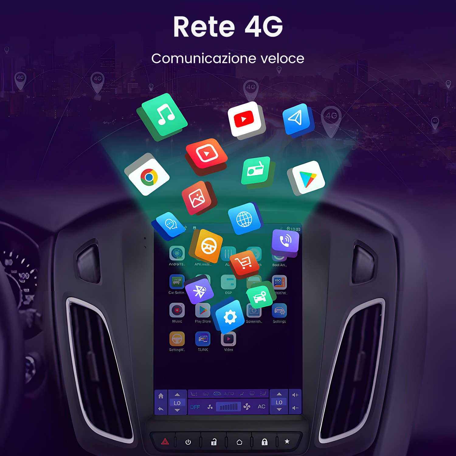 Sistema di infotainment per auto con icone di app e grafica di rete 4G.