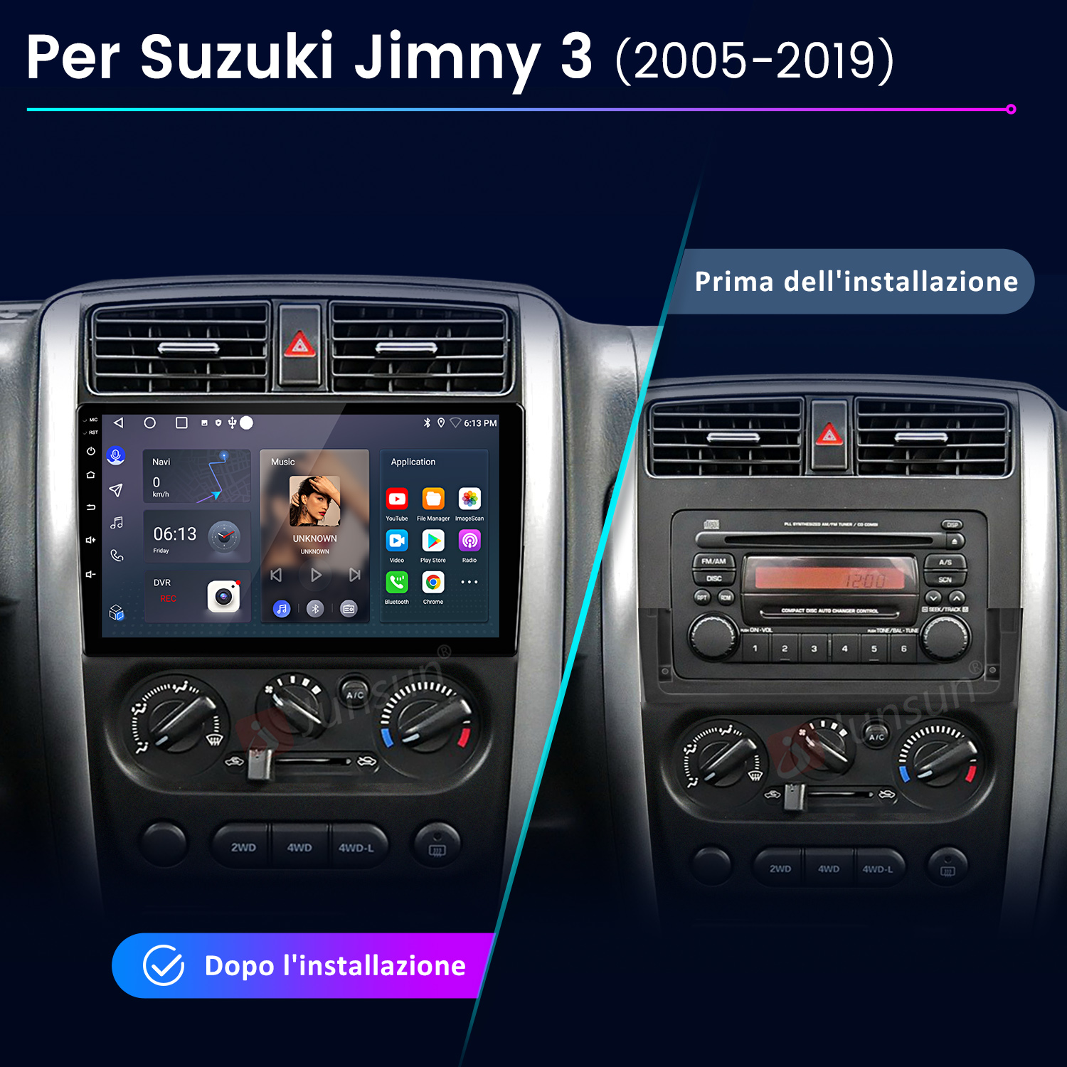 Confronto del cruscotto di una Suzuki Jimny prima e dopo l'installazione di un nuovo sistema di infotainment.
