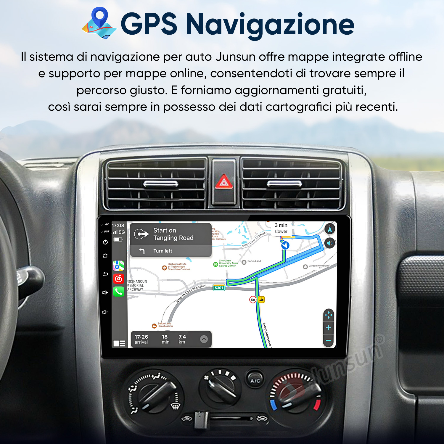 Cruscotto auto con schermo di navigazione GPS che mostra una mappa con guida stradale.