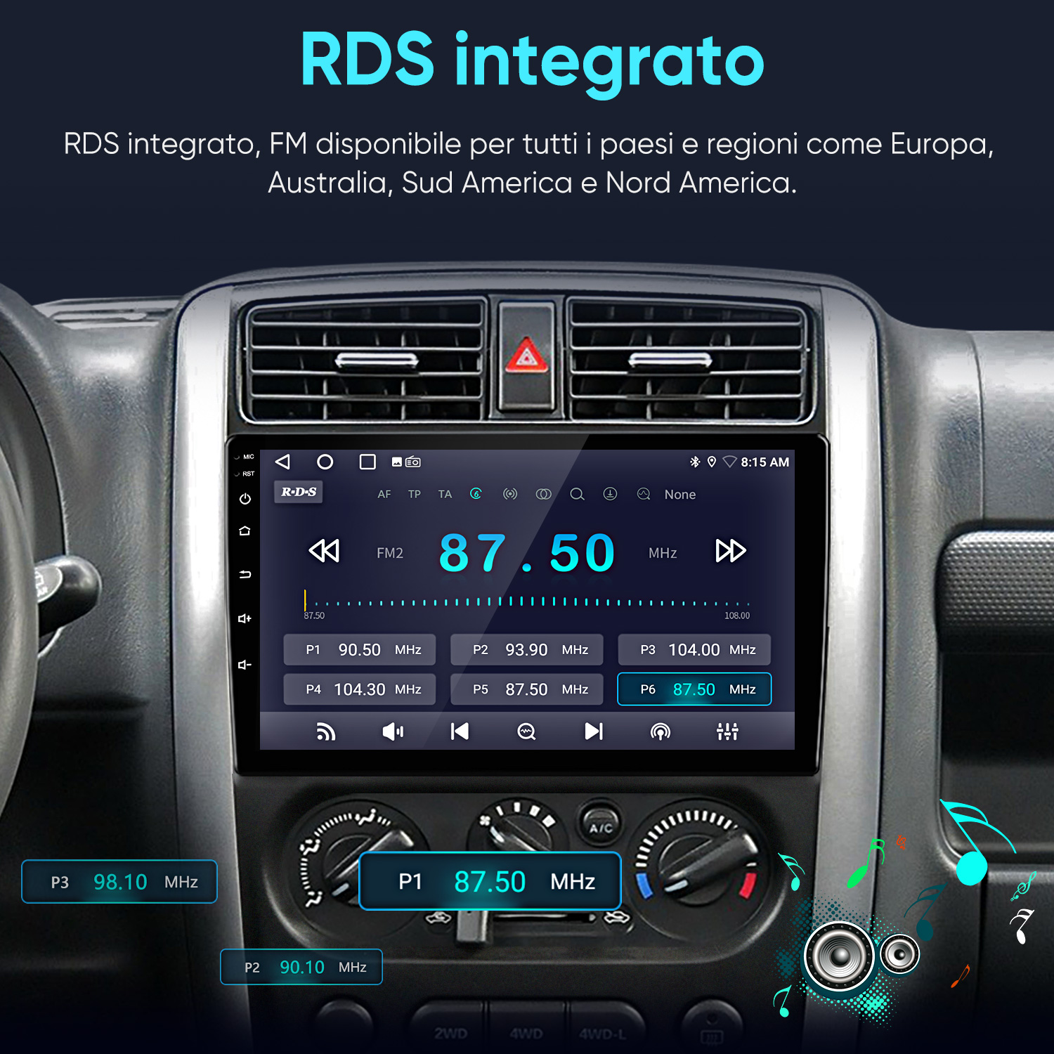 Cruscotto auto con autoradio digitale che mostra 87.50 MHz.