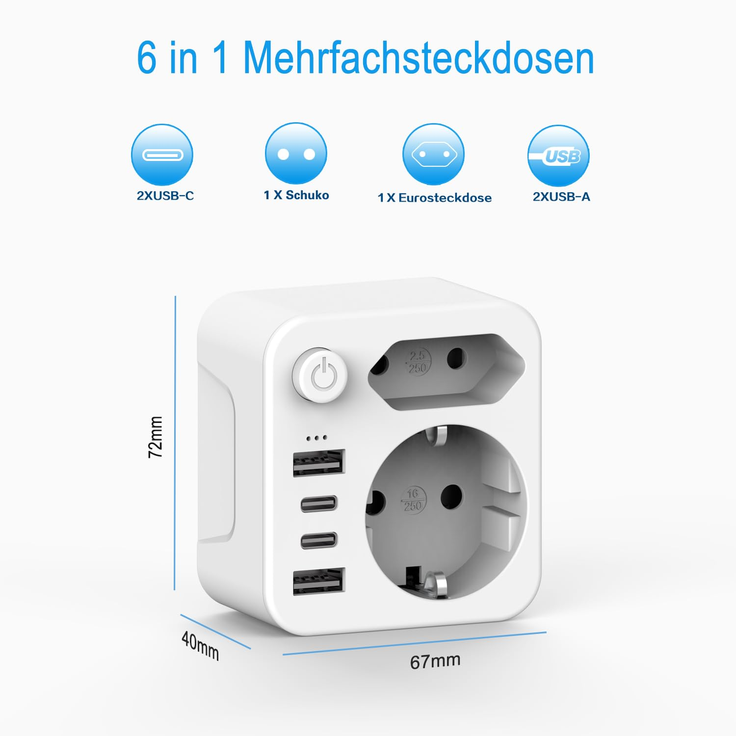 Weißer 6-in-1 Reiseadapter mit USB-C, Schuko, Eurosteckdose und USB-A Anschlüssen.