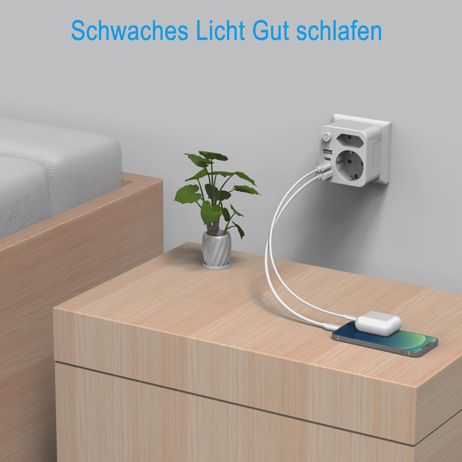 Ein Reiseadapter mit USB-Anschlüssen lädt ein Smartphone und Ohrhörer.