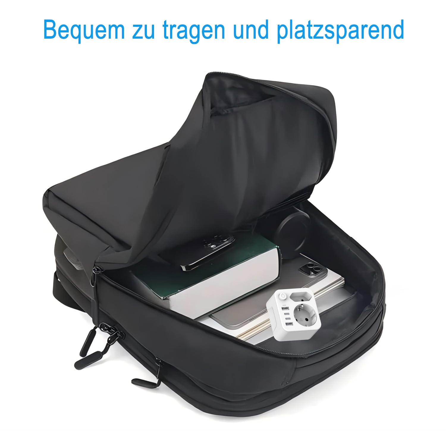 Schwarzer Rucksack mit geöffnetem Hauptfach, gefüllt mit Buch, Handy und Reiseadapter.