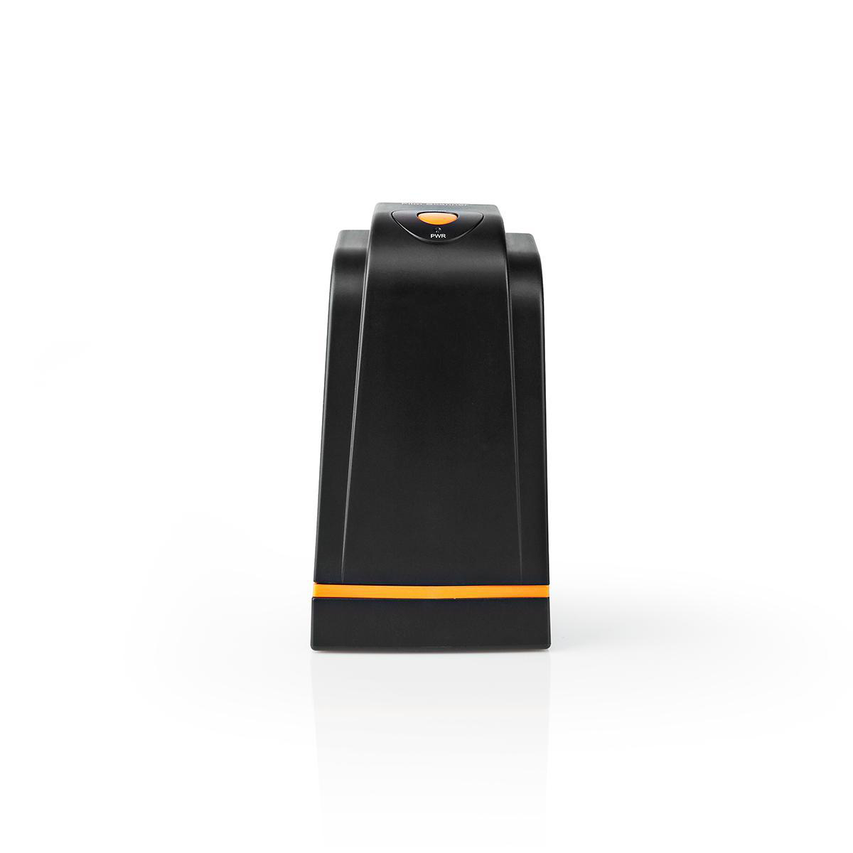A black device with an orange stripe and PWR indicator stands on a white background.