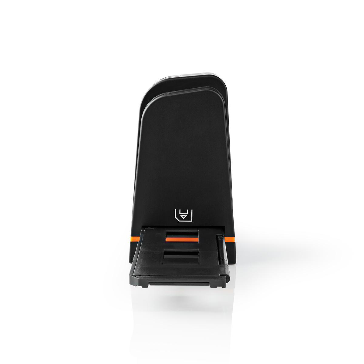 Black scanner with orange accents, front view.