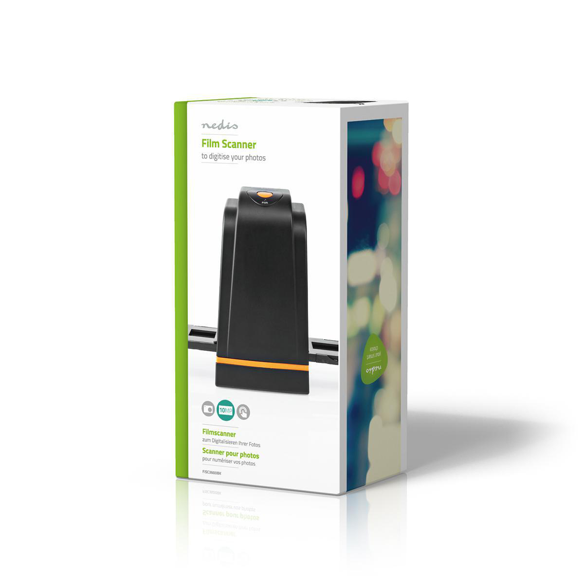 Packaging of a Nedis Film Scanner with 10 MP resolution, black with orange accents.