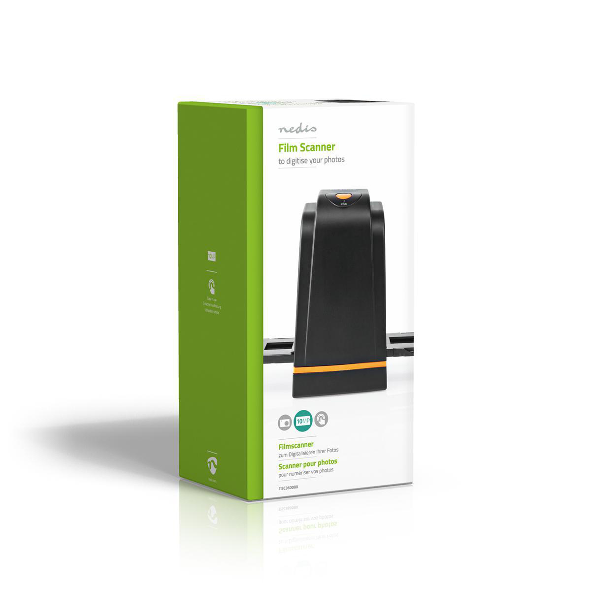 Packaging of a black film scanner with an orange accent. Nedis logo at the top.