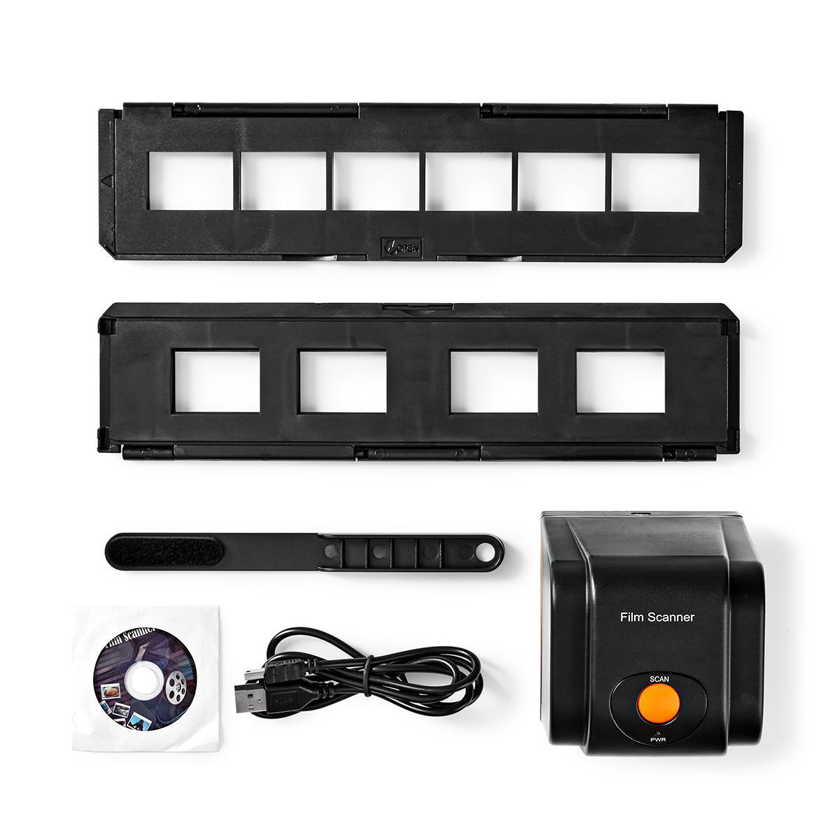 Film scanner with holders, brush, CD, and cables on white background.