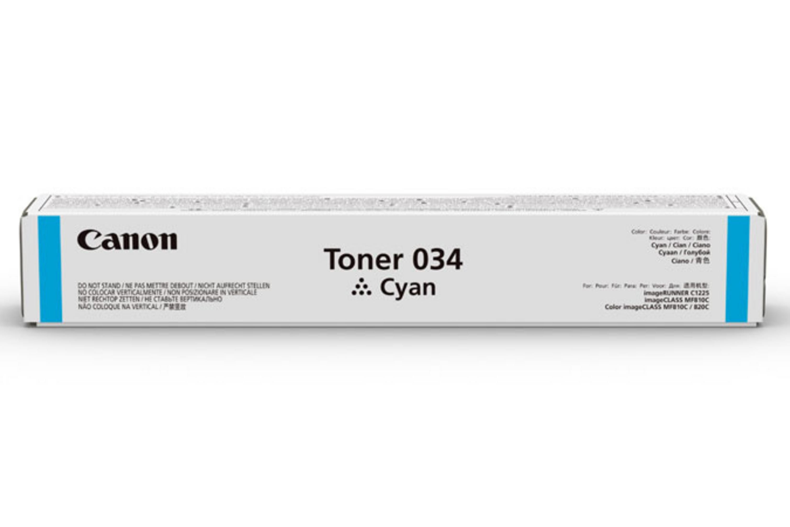 Toner Canon 034 Cyan z wielojęzycznymi instrukcjami i numerami modeli.