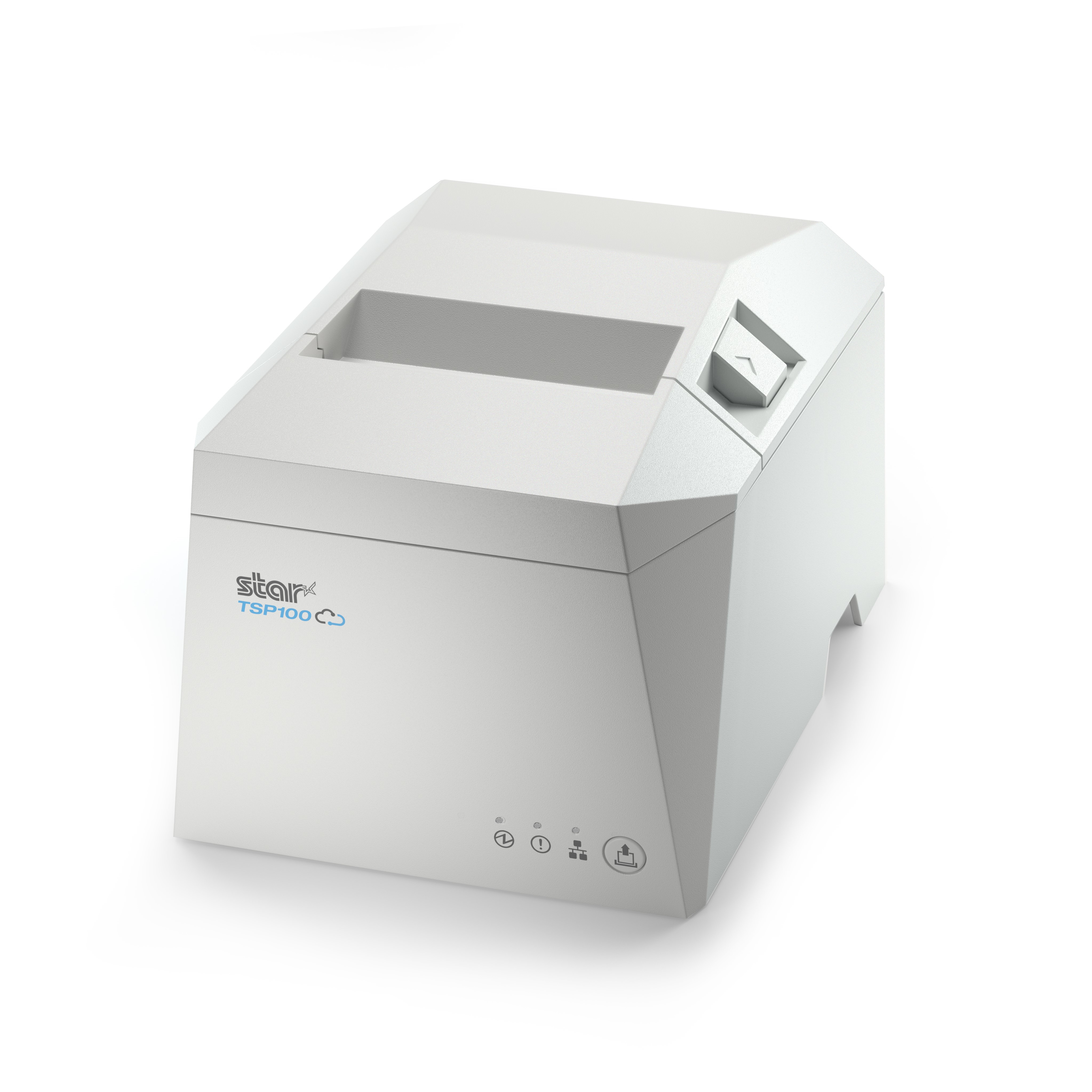 Ein weißer Star TSP100 Drucker steht auf einem weißen Hintergrund.