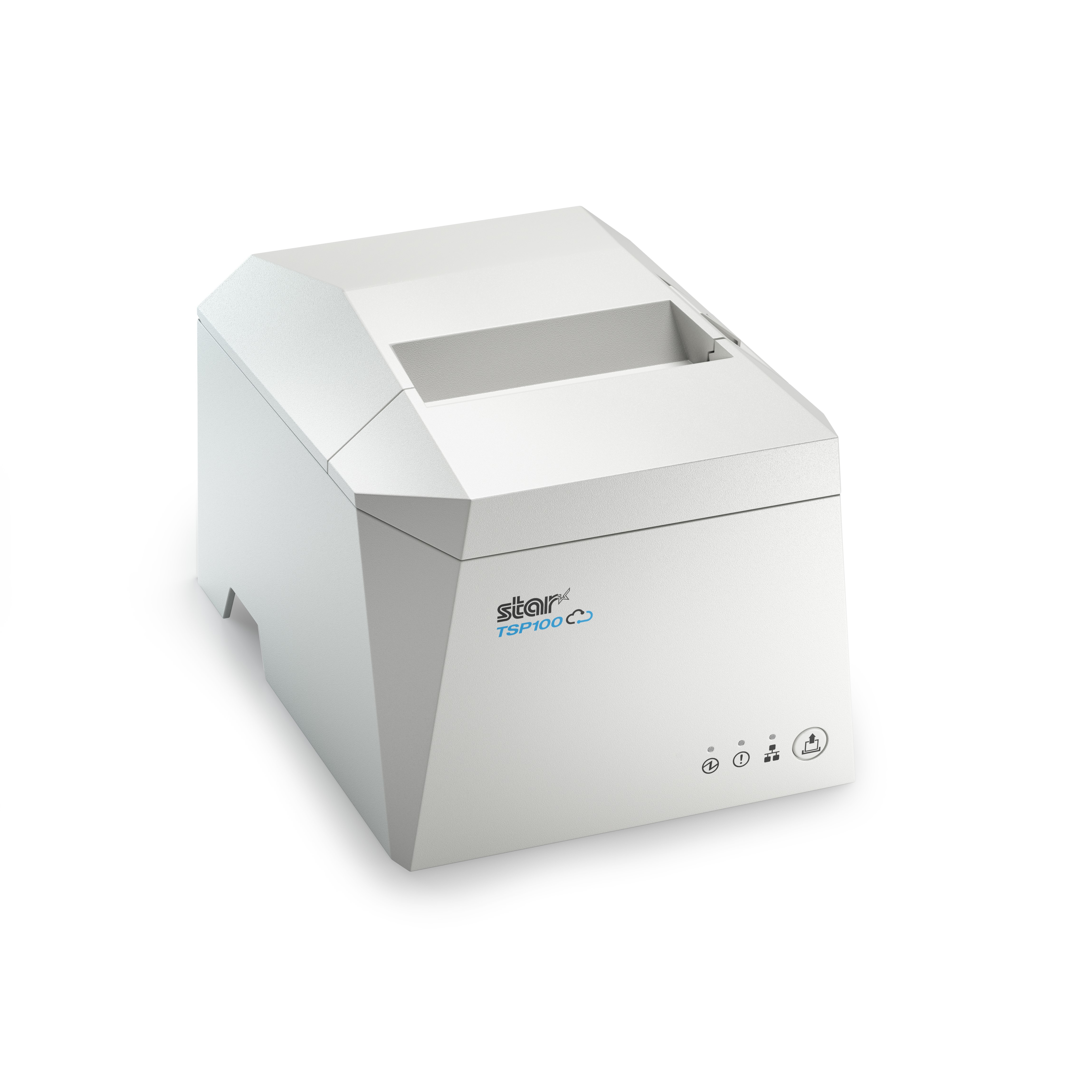 Ein weißer Bondrucker mit dem Logo Star Micronics TSP100 Cloud.