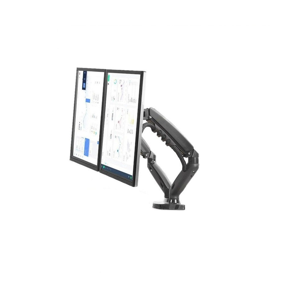 Siyah çift monitör kolu, grafik gösteren iki dikey monitörü tutar.