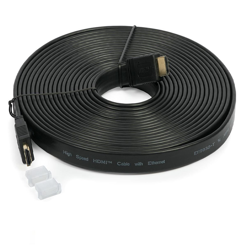 Ethernetli siyah yassı HDMI kablosu, sarılı, konektörlü.