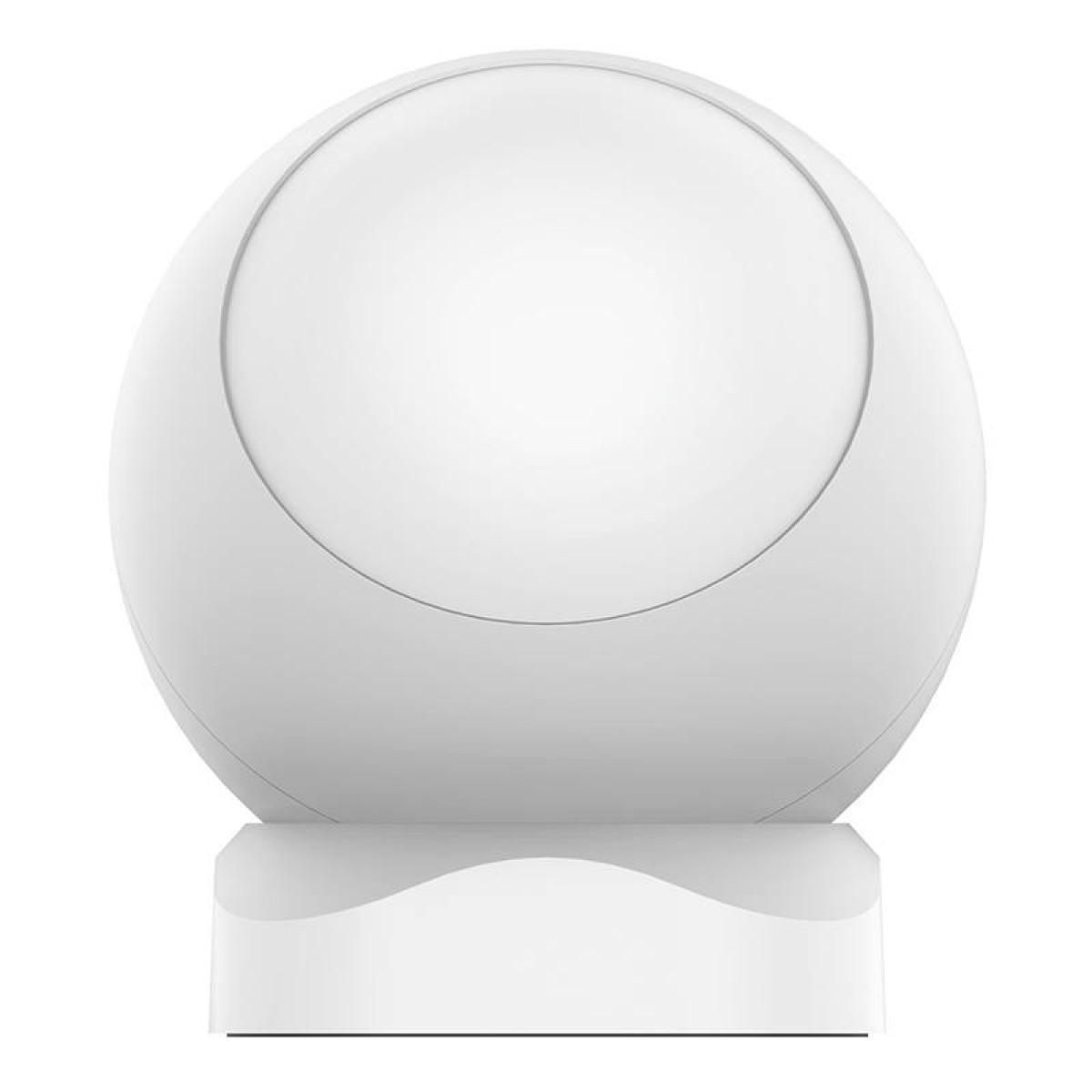 Eine weiße, kugelförmige Lampe mit einem geschwungenen Sockel, die auf weißem Hintergrund steht.