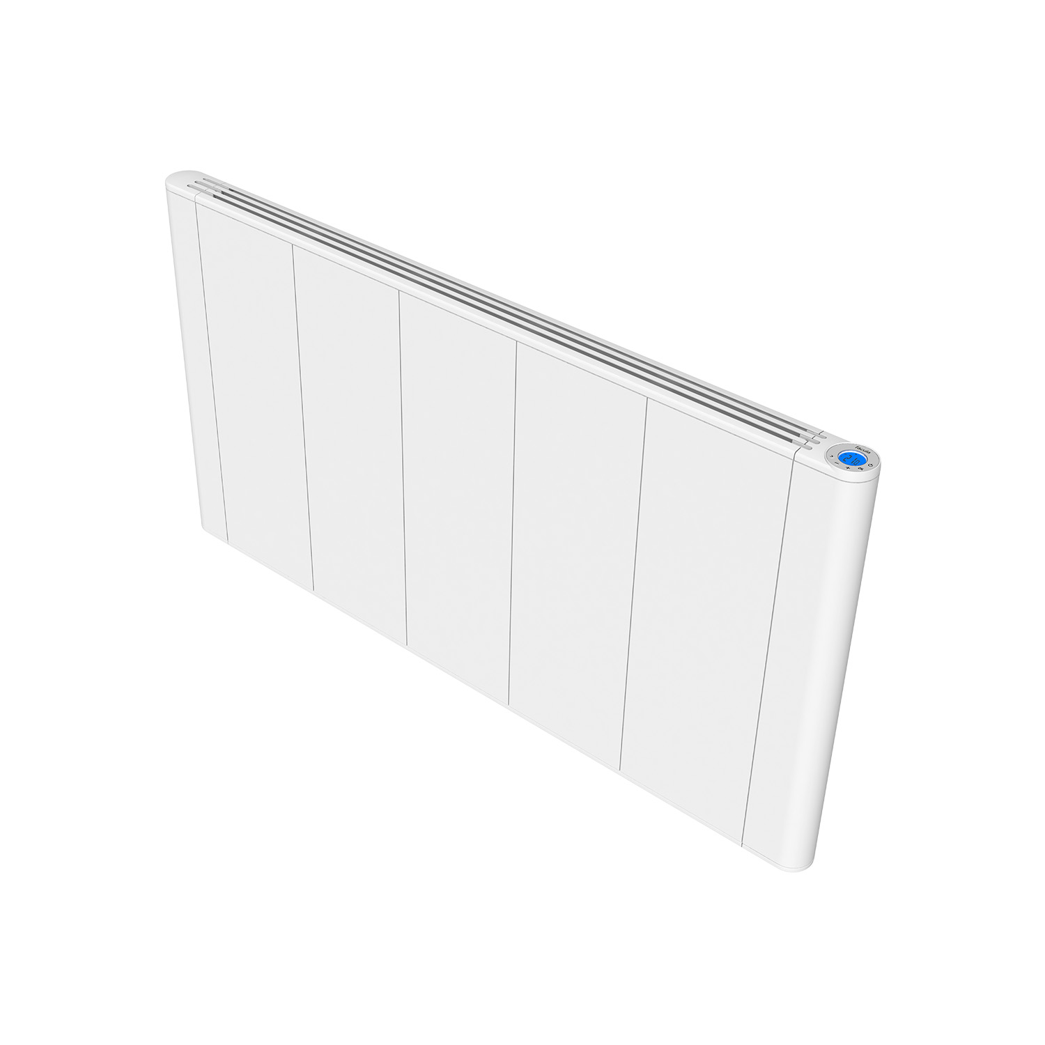 Un radiador blanco y moderno con cinco paneles verticales y una pantalla digital.