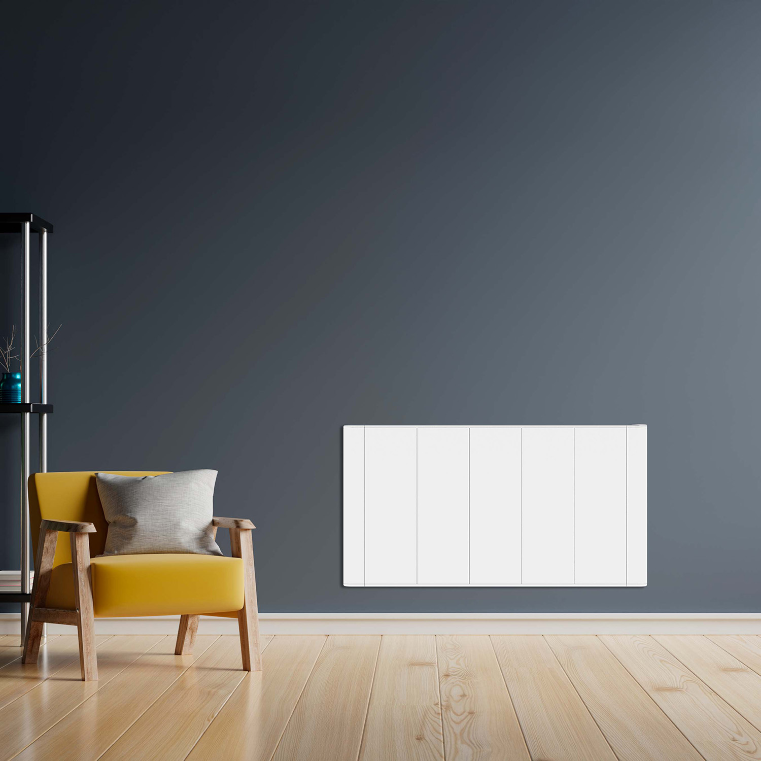 Un sillón amarillo con cojín está junto a una pared gris oscuro.