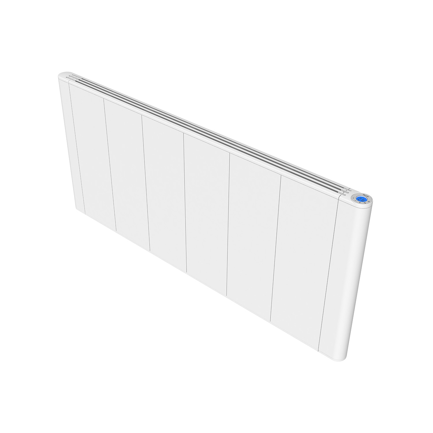 Un radiador blanco y moderno con panel de control azul y rejillas de ventilación.