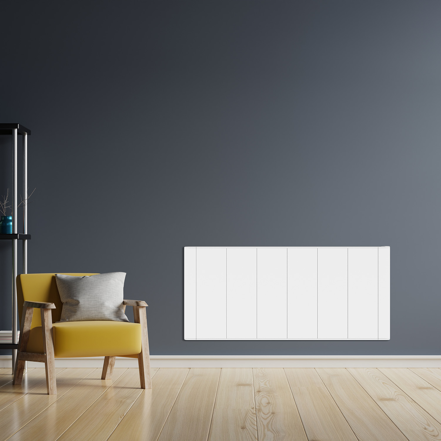 Un sillón amarillo con cojín sobre suelo de madera clara contra pared oscura.