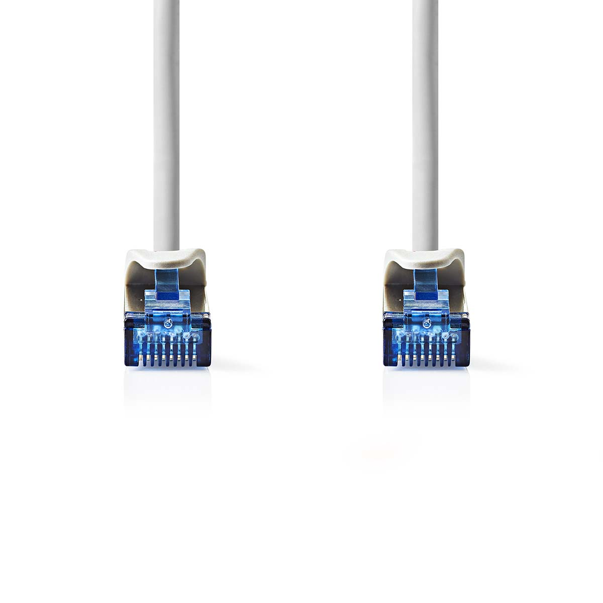 Due cavi di rete bianchi con connettori RJ45 blu su sfondo bianco.