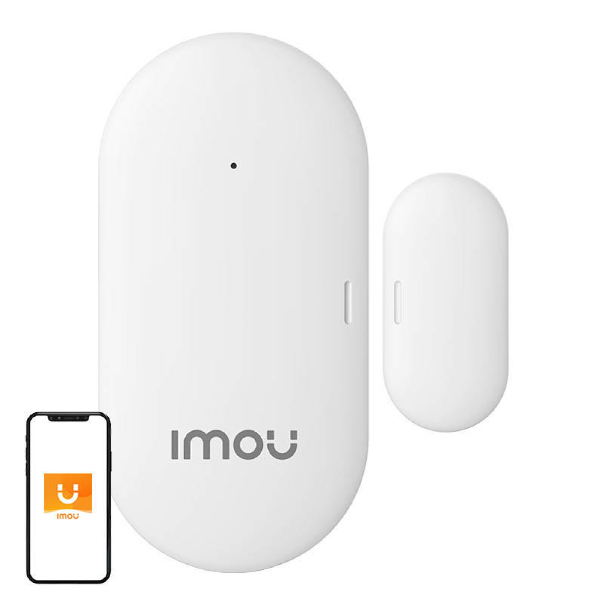 Un sensore porta/finestra Imou bianco con uno smartphone che mostra l'app Imou.