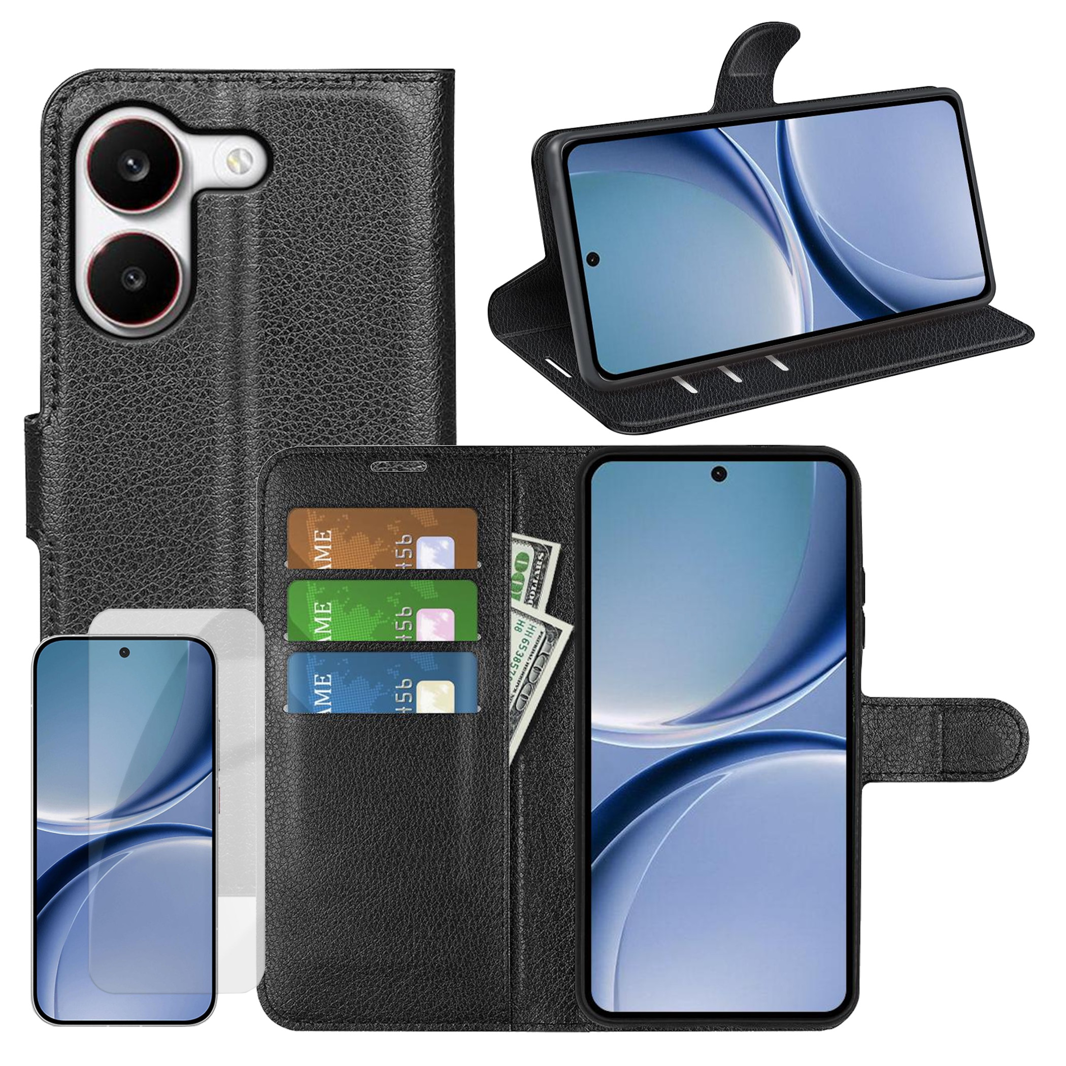 Schwarzes Leder-Flip-Case mit Handy, Kartenfächern und Geldscheinen.