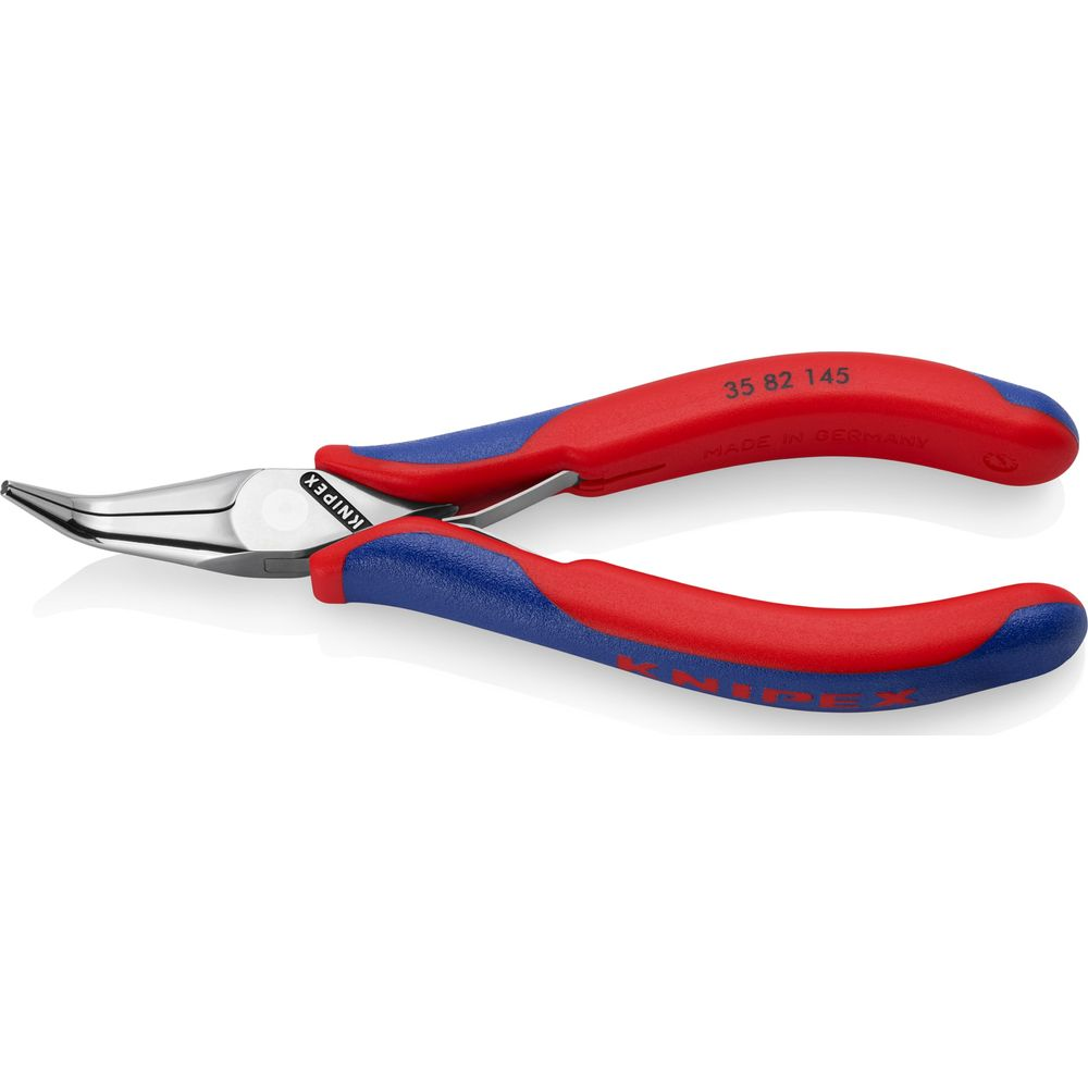 Pinza con manico rosso e blu e punte argentate su sfondo bianco.