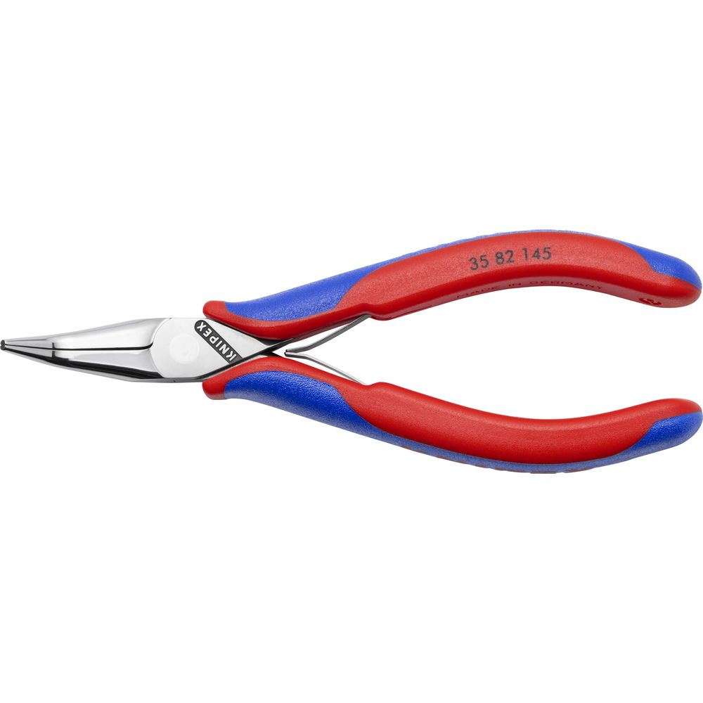 Pinza a becco d'ago con manici rossi e blu, ganasce in metallo.