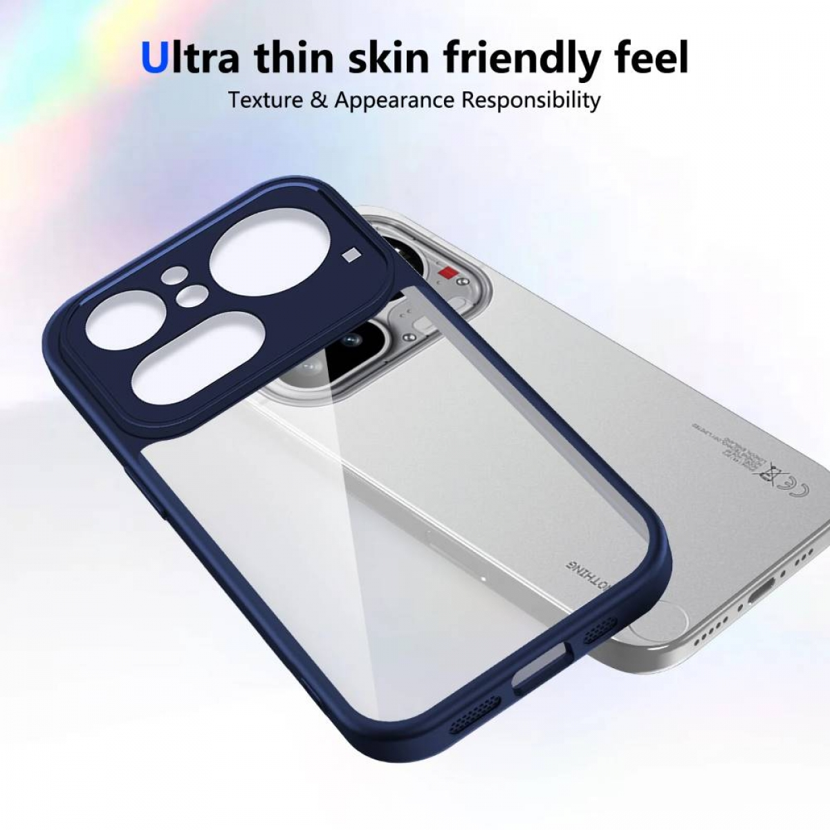Ein transparenter Handyhülle mit dunkelblauem Rahmen liegt auf einem Handy.