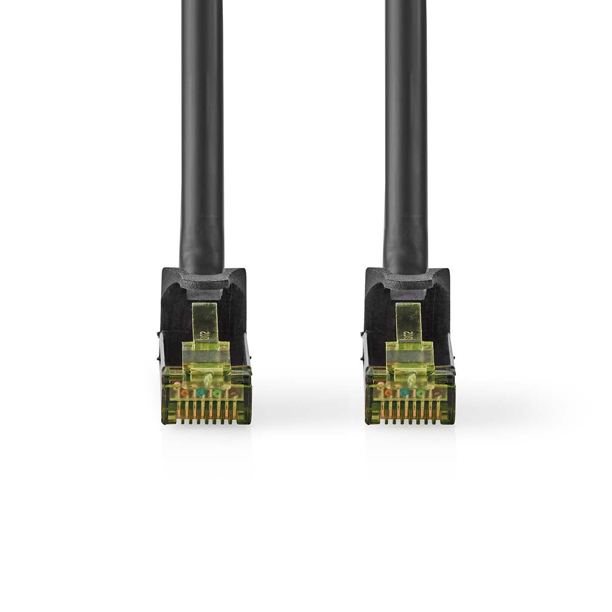 Two black network cables with transparent connectors and colored wires.