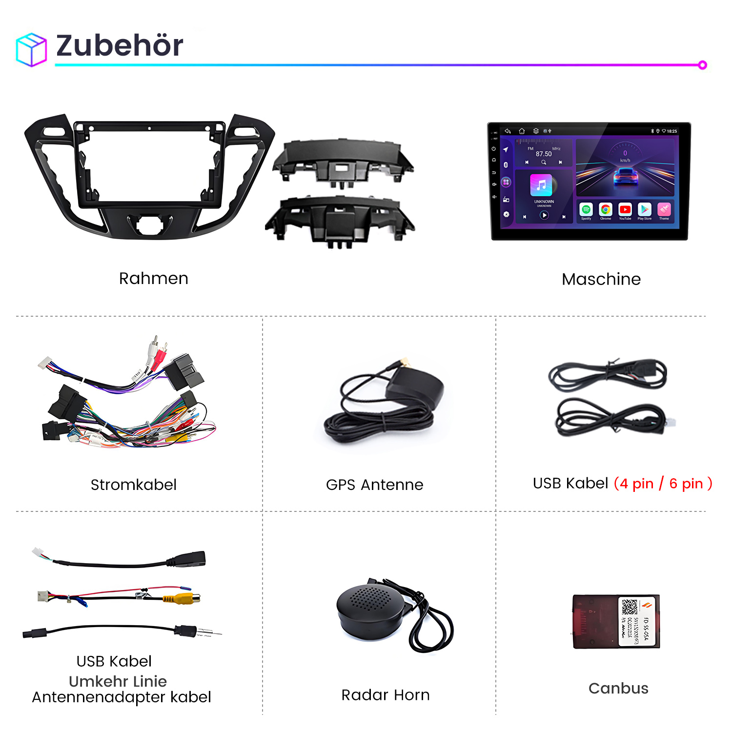 Verschiedene Autozubehörteile: Rahmen, Maschinenterminal, Kabel, Antennen, Radarhorn, Canbus.