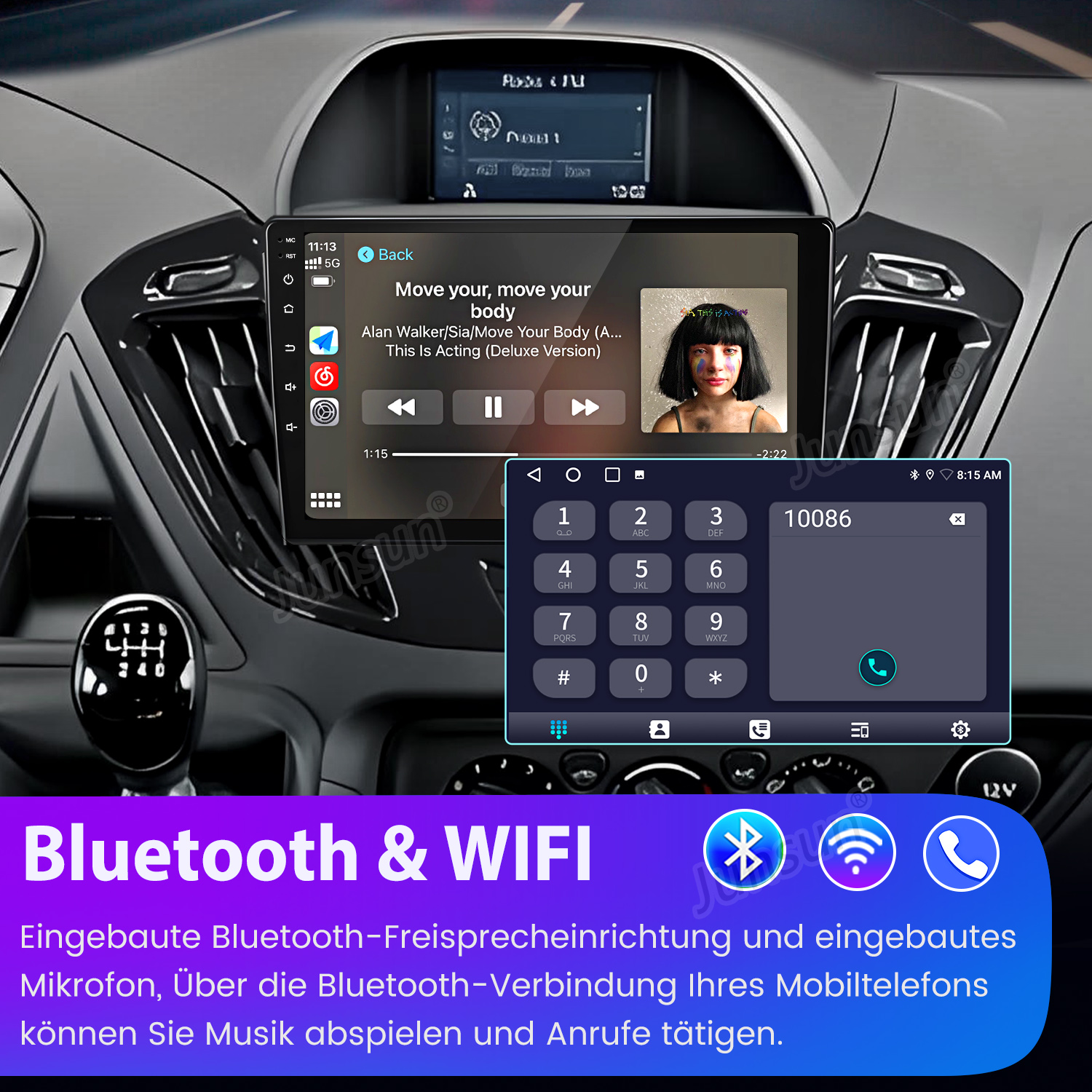 Ein Auto-Infotainmentsystem zeigt Musik und eine Telefon-Tastatur. Bluetooth & WIFI.