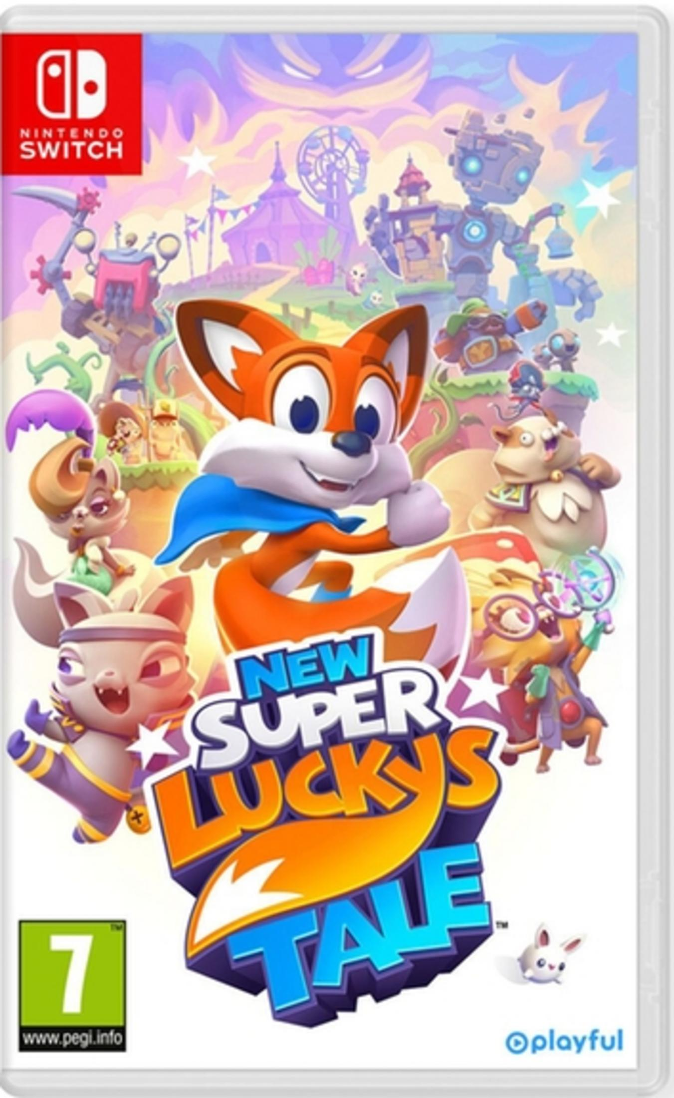 Copertina gioco Nintendo Switch: New Super Lucky's Tale con volpe e amici dei cartoni animati.
