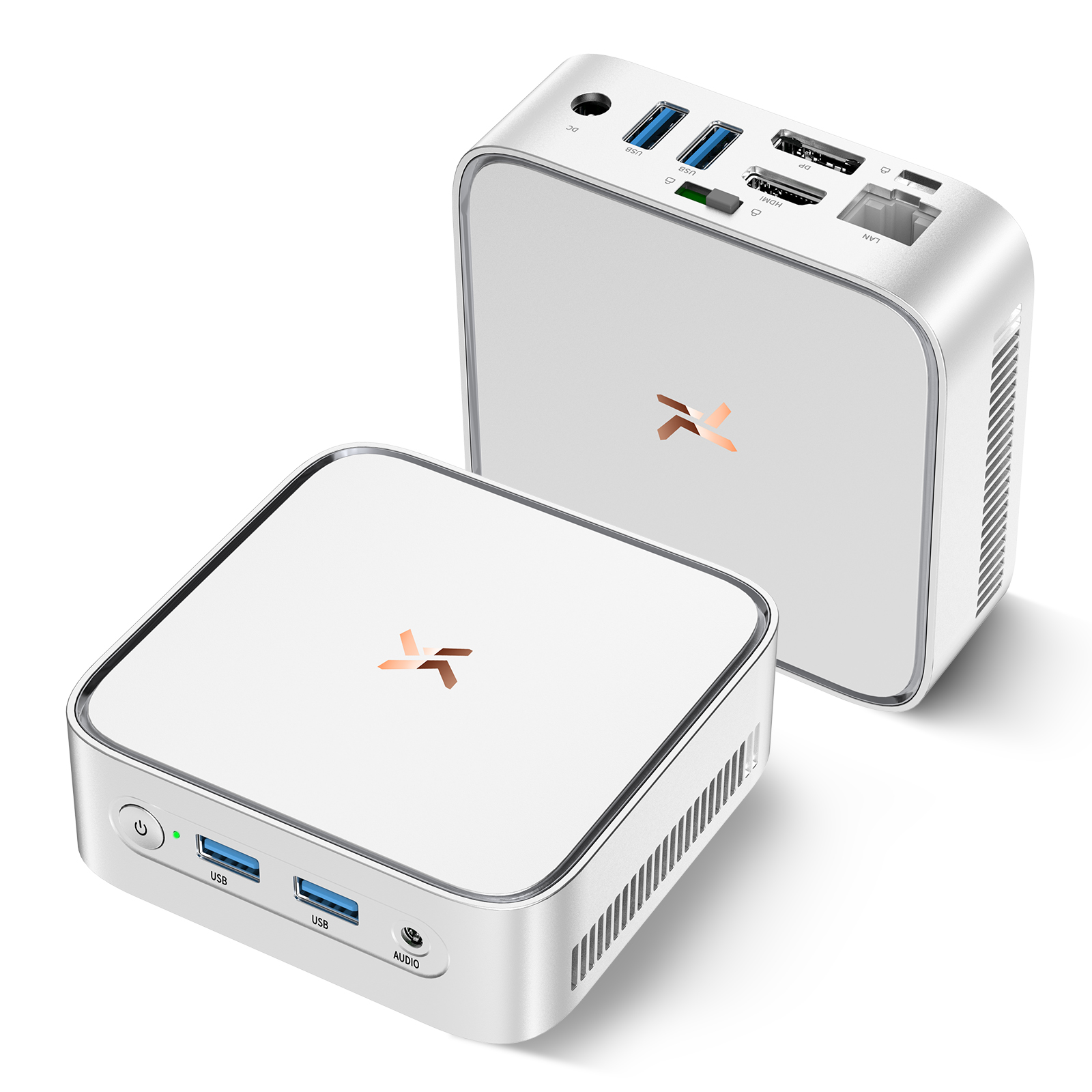Zwei weiße Mini-PCs nebeneinander, mit Anschlüssen und Logo.