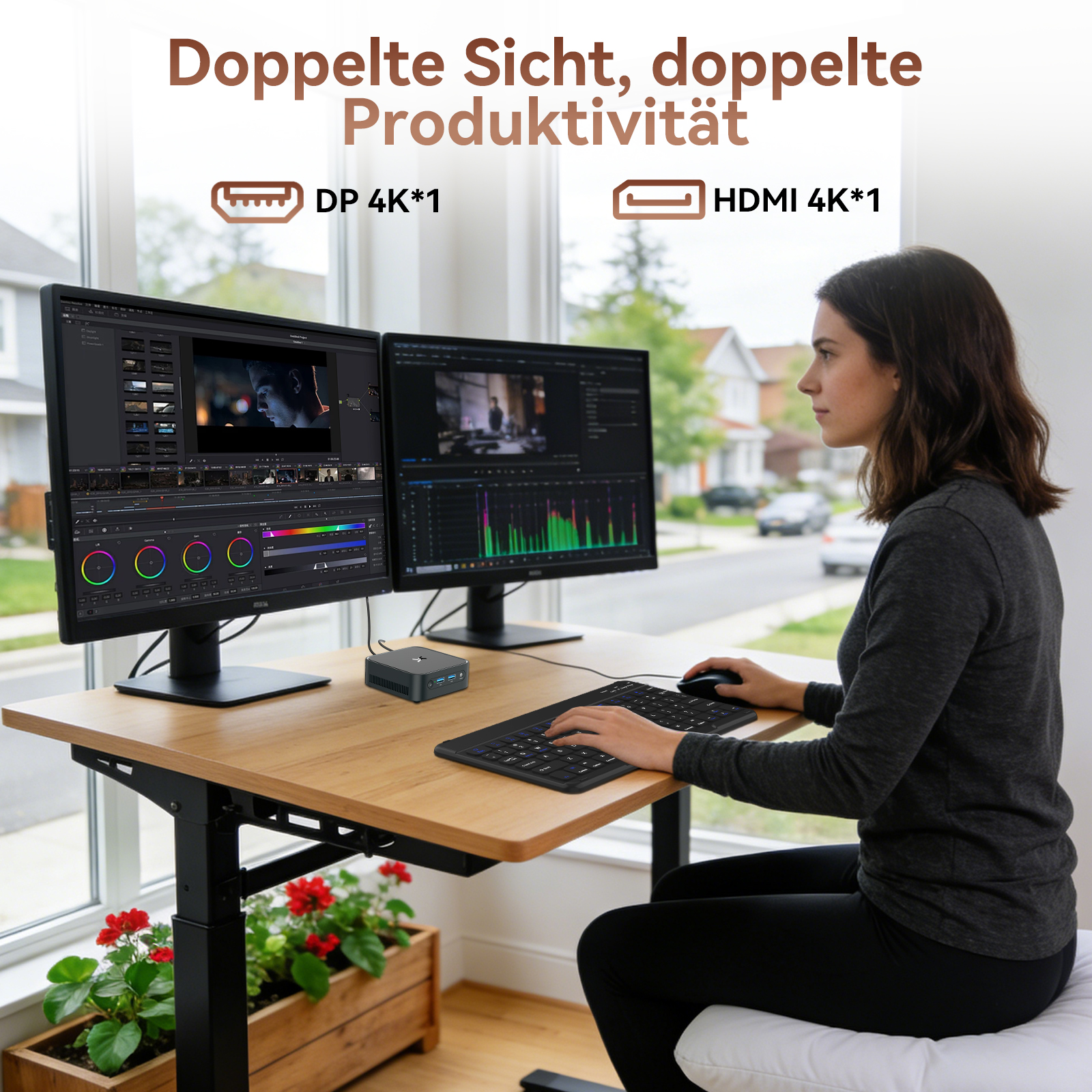 Frau arbeitet an zwei 4K-Monitoren mit einem Mini-PC, Tastatur und Maus.