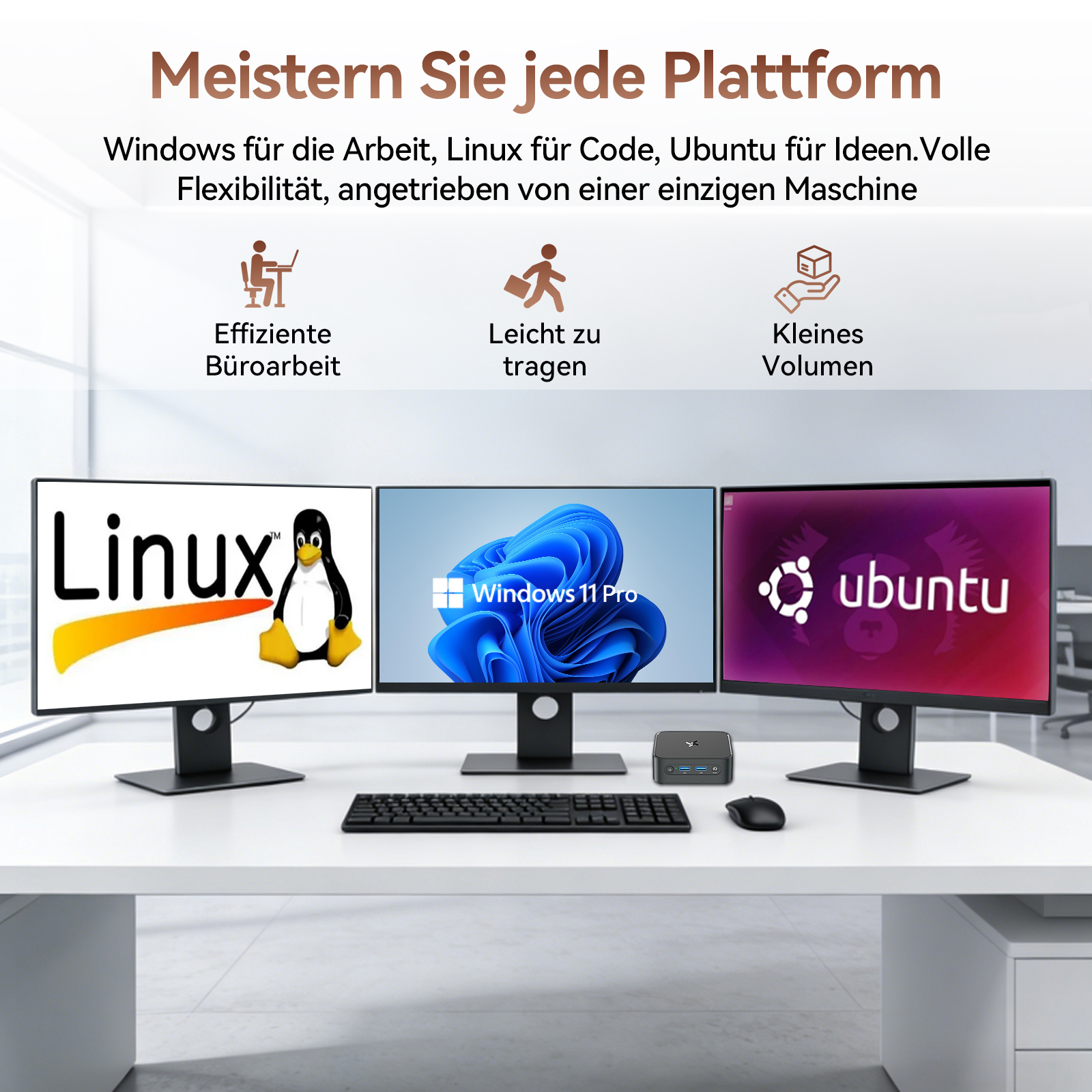 Drei Monitore zeigen Linux, Windows 11 Pro und Ubuntu. Ein Mini-PC, Tastatur und Maus stehen davor.