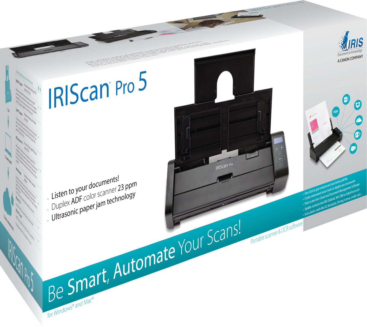 Ein schwarzer IRIScan Pro 5 Scanner mit geöffnetem ADF, auf einem weißen Karton.